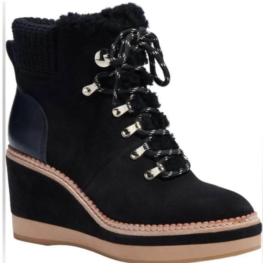 NWOB Kate Spade Willow Genuine Shearling Wedge Bootie in Black SZ 8